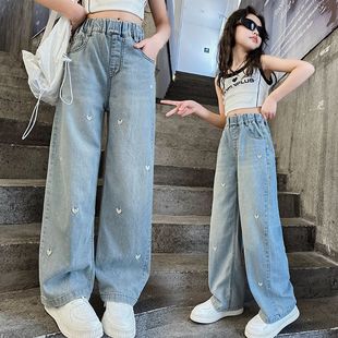 Spring and autumn children's pants new girls Korean style embroidered small love jeans big children's wide leg pants.