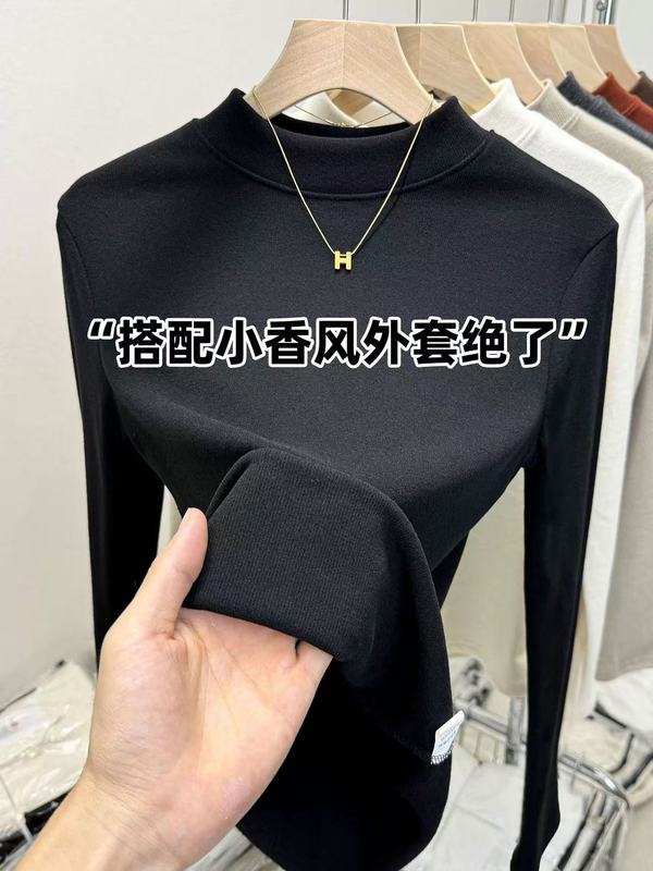 中厚款秋冬大码小立领保暖长袖打底衫女磨毛修身内搭慕斯羊绒上衣|undefined