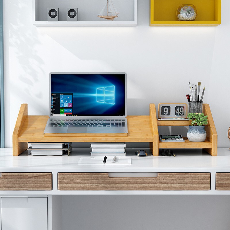 Wooden Computer Stand Desk Adjustable Laptop Storage Rack Computer Monitor Riser 2-Layer Storage Rack