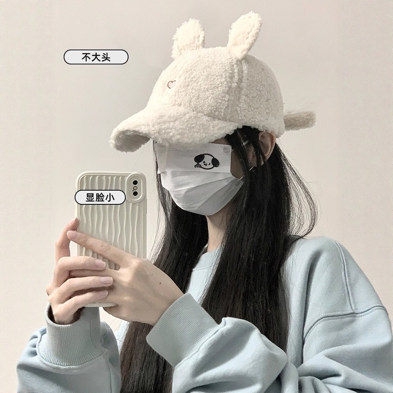 棒球帽子女2025新款秋冬季毛茸茸保暖可爱羊羔毛绒小兔耳朵鸭舌帽|undefined