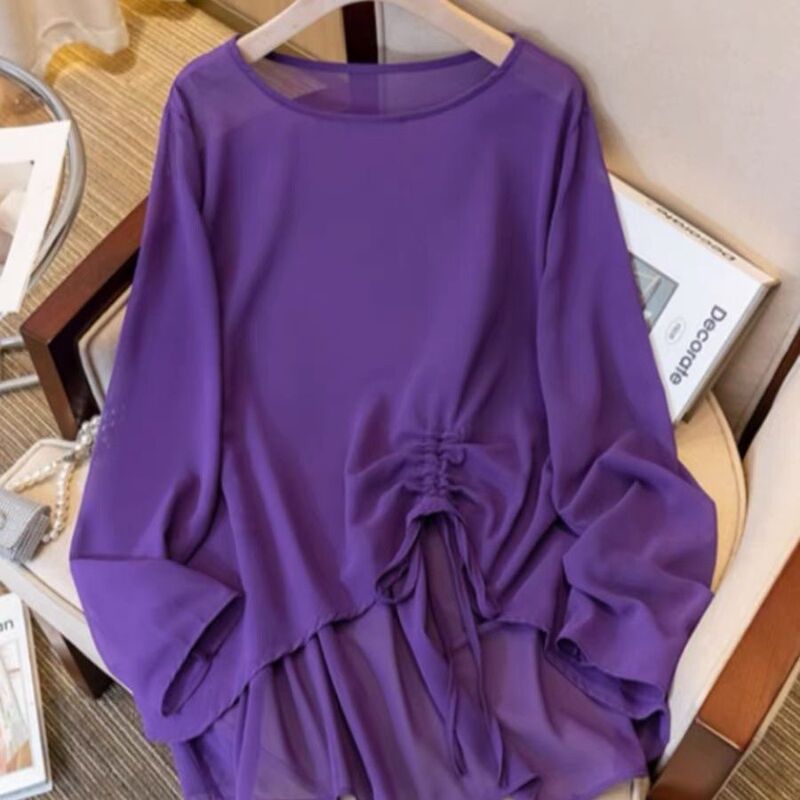 薄い微透けブラックシフォン長袖Tシャツレディース夏大きいサイズファットmm日焼け止めブラウス不規則な巾着トップ|undefined