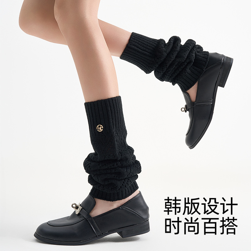 2025秋冬新款镂空网眼中筒女保暖袜套日系堆堆袜黑色袜套针织袜套|undefined
