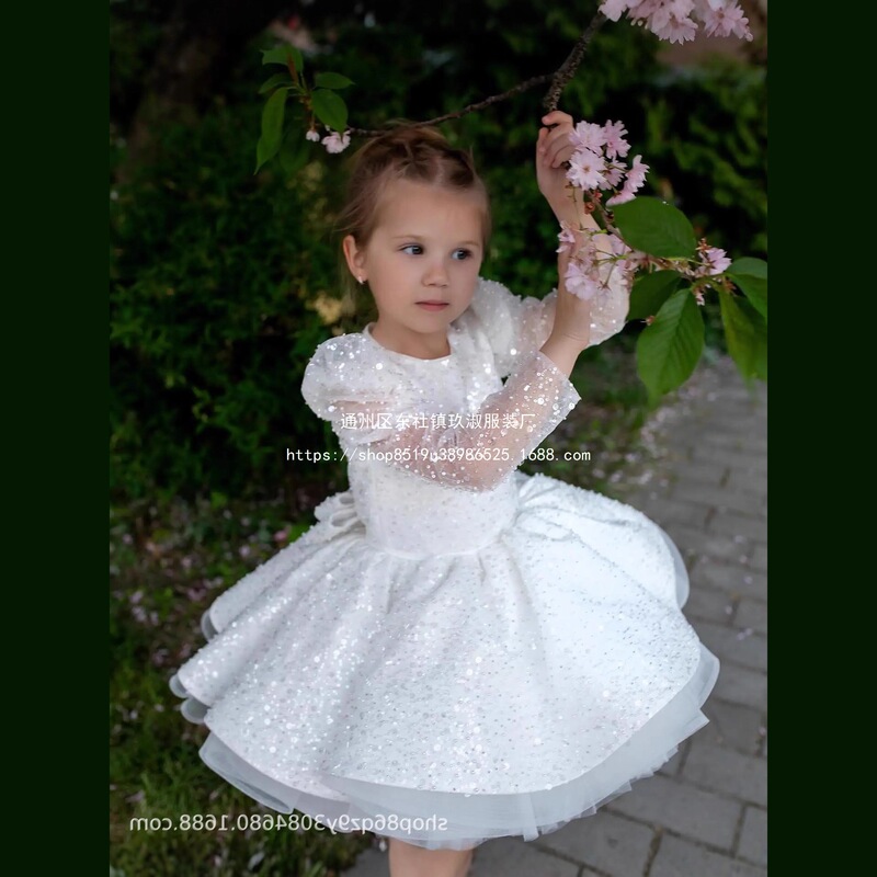 Communion Dress Long Sleeve Tulle Sequin Dress Flower Girl Dress Annual Party Christmas Ball Evening Dress