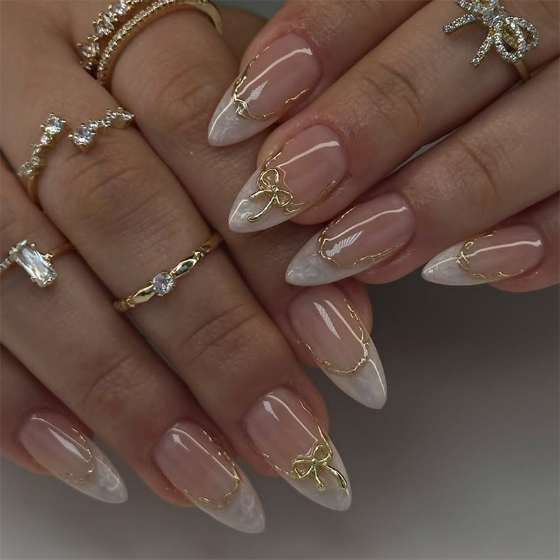French-Style Exquisite Bowknot Wearable Nails with Almond-Shaped Gold Edges and Delicate Lines, Women's Wearable Nail Pieces in Stock French-Style Exquisite Bowknot Wearable Nails with Almond-Shaped Gold Edges and Delicate Lines, Women's Wearable Nail Pieces in Stock