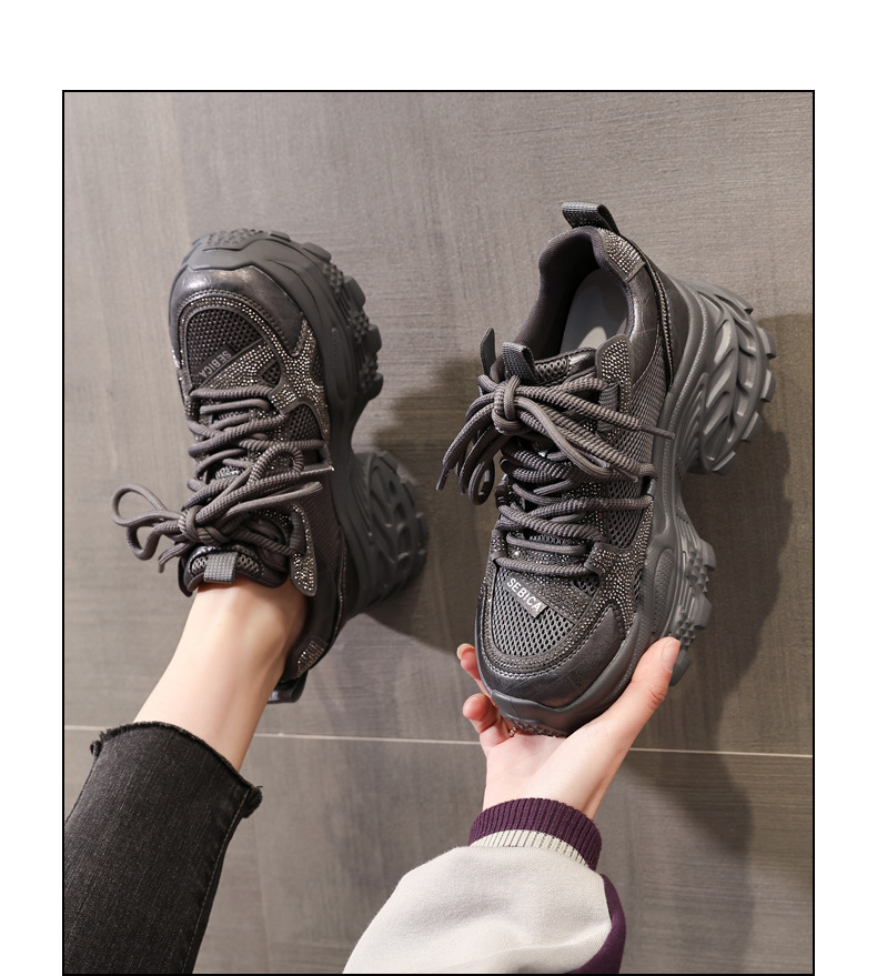 Giày sneaker nữ chunky đế dày tăng chiều cao đính đá rhinestone phong cách thể thao — Màu súng chi tiết 14