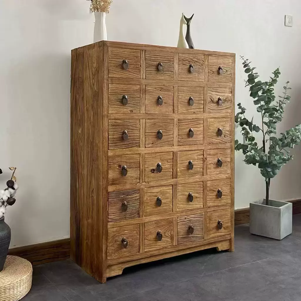 老榆木复古中药收纳展示柜实木家用老门板斗柜自然纹理多格药柜