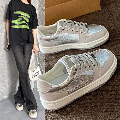 Niche retro silver sneakers for women ins trend  new design breathable flat-soled American sports and casual shoes