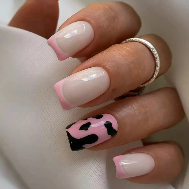 Mid-length European Square fake nails simple light pink French cow pattern manicure fashion wear nail nail piece