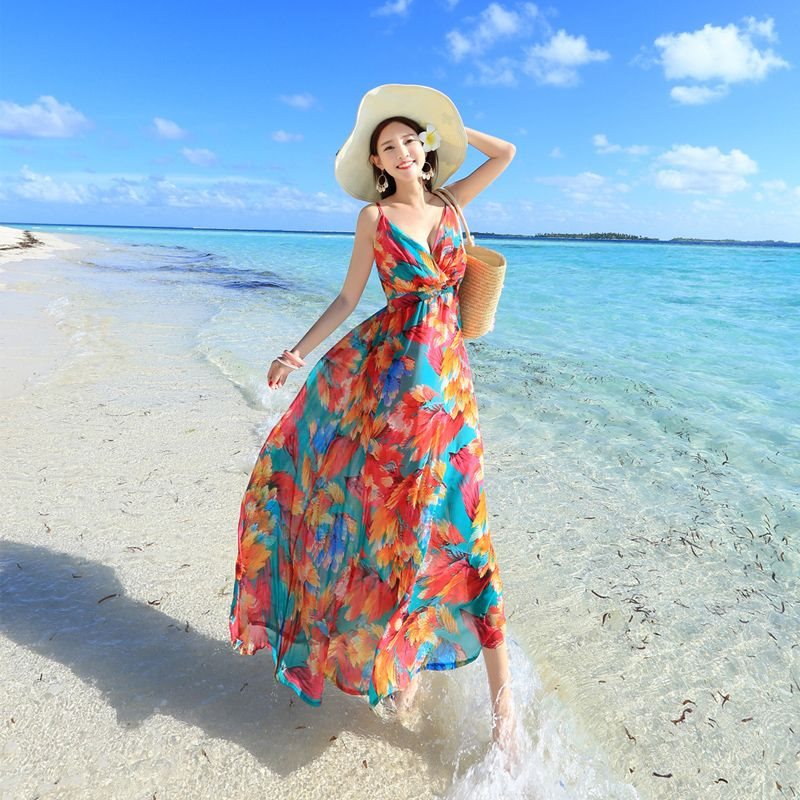 连衣裙2020新款夏女装雪纺吊带碎花沙滩裙海边度假旅行长裙81198