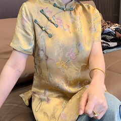 真丝国风上衣新中式改良旗袍提花短袖衬衣盘扣立领桑蚕丝衬衫女夏