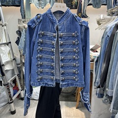 ヨーロッパレトロ宮殿スタイルブレスト装飾長袖トップ 2025 春と秋のファッションスタンドカラーデニムショートジャケット