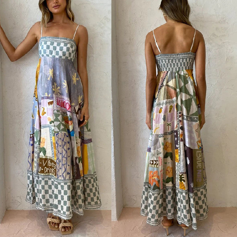 315g Weight Wholesale Women's Streetwear Printing Geometric Letter Plaid Holiday Beach Strap Sleeveless Strap Dress