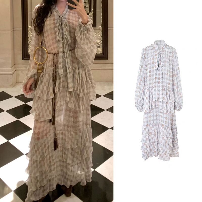 High Version Customized 25 Early Autumn New Lace-Up Plaid Ruffled Long-Sleeved Rayon Cake Dress Versatile Skirt High Version Customized 25 Early Autumn New Lace-Up Plaid Ruffled Long-Sleeved Rayon Cake Dress Versatile Skirt