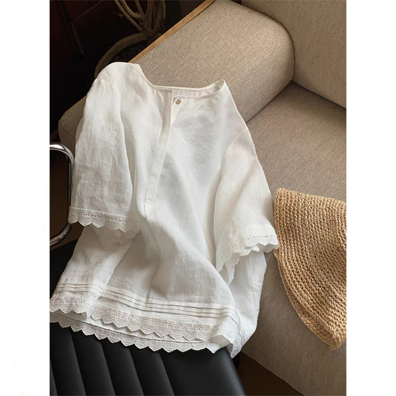 In-Stock Age-Reducing Summer New Spliced Lace Loose Comfortable Artistic Hidden Button Cotton Linen Mid-Sleeve T-Shirt Shirt