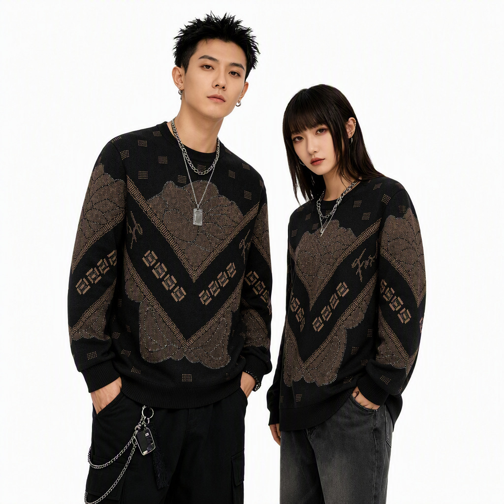 Men's Autumn/Winter Thickened Short Fleece High-Quality Crew Neck Knit Sweater, European Style Rhinestone Base Shirt, Couple Outfit Top