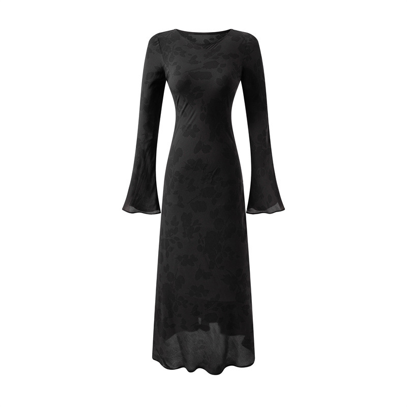 French Fashion Jacquard Waist Slim Fit Trumpet Sleeve Elegant Dress Autumn New Hot Girl Long Sleeve Black Dress French Fashion Jacquard Waist Slim Fit Trumpet Sleeve Elegant Dress Autumn New Hot Girl Long Sleeve Black Dress