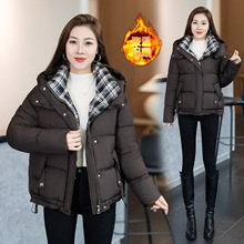 2619连帽棉衣外套2025冬季新款棉服女韩系宽松棉袄学院风格子大衣