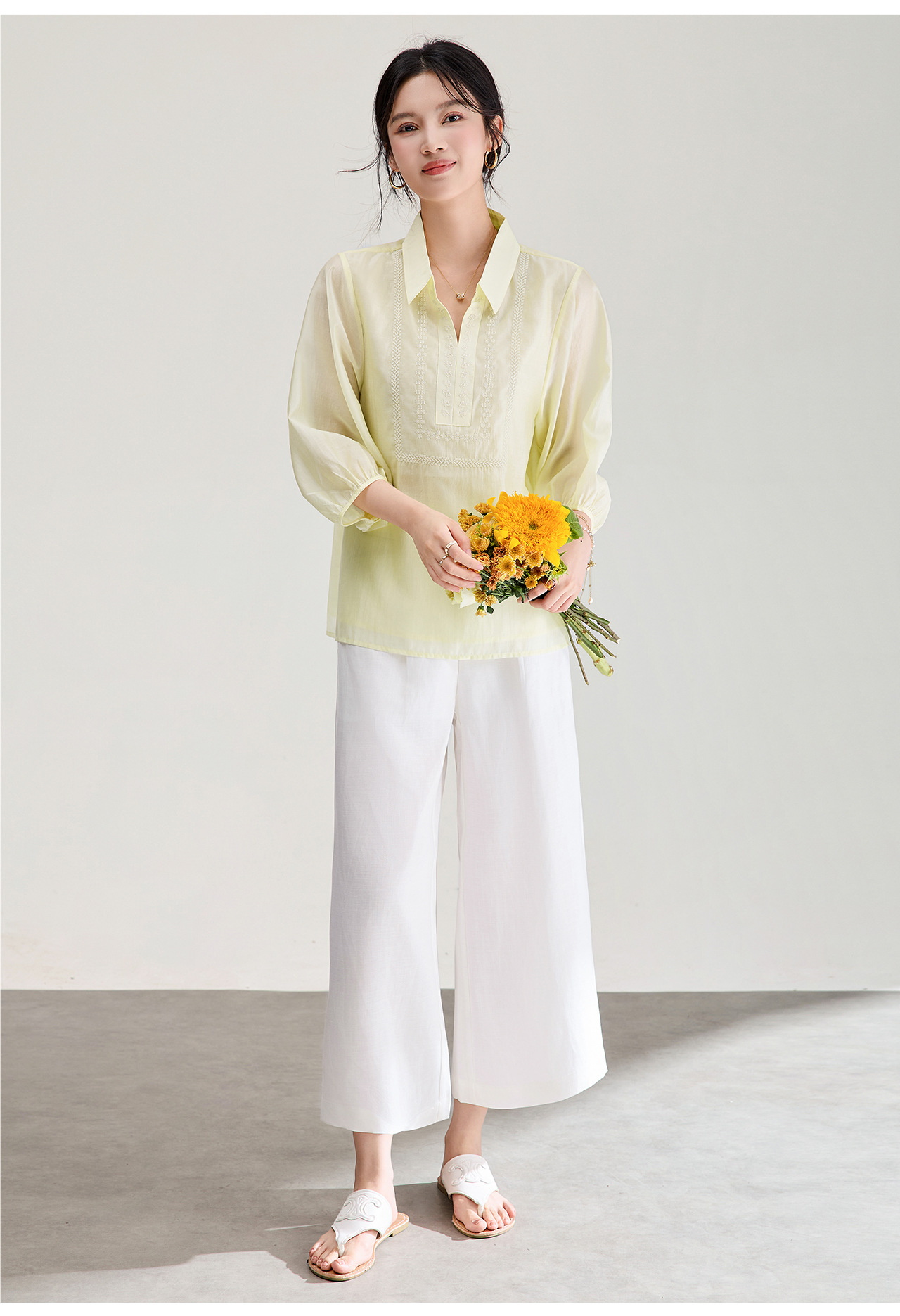 Áo sơ mi nữ tay lỡ thêu hoa tay chất liệu tencel cao cấp — màu trắng chi tiết 13
