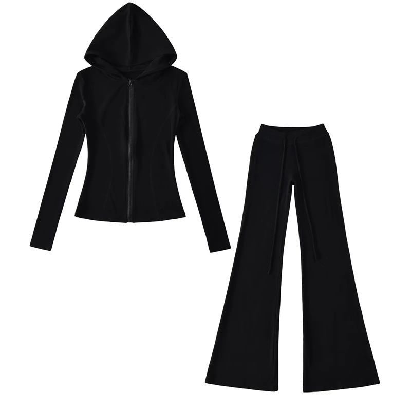 American-Style Fleece Zip-Up Hoodie Sweatshirt Slim-Fit Jacket + High-Waisted Drawstring Flared Casual Pants Sports Set