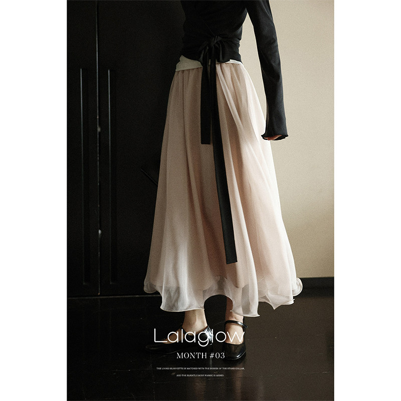 Lalaglow Heartbeat Appointment: French-Style Gentle Wind, Large Hem, Fishbone Rolled Edge A-Line Tulle Dress, Slimming Long Dress for Early Spring