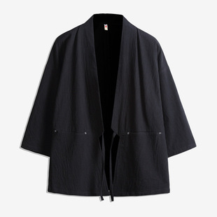 Summer New Chinese Style Men's Solid Color Cotton and Linen Cardigan Hanfu Shirt Japanese Retro Thin Three-Quarter Sleeve Robe