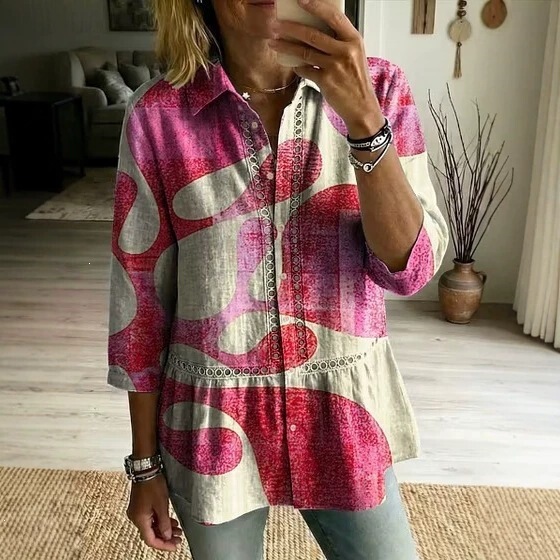 2026 New Cross-Border European and American Style Printed Women's Lace Patchwork Top, Elegant Commuter Casual Shirt for Women
