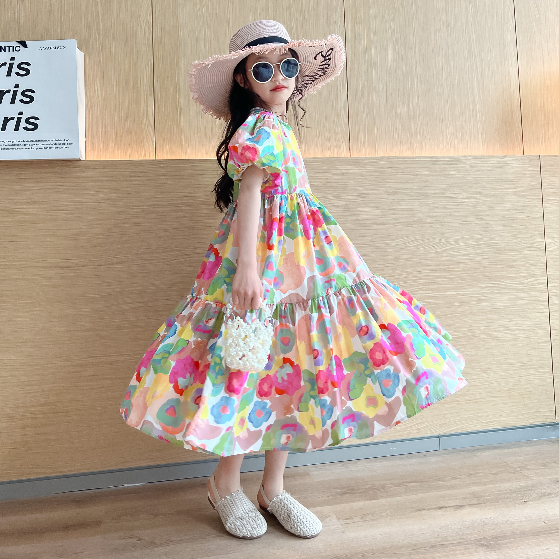 6725 Summer New Korean Style Children's Wear Girl's Big Boy's dress Large Swing Skirt Parent-Child Cotton Spliced Skirt Short-Sleeved Long Skirt