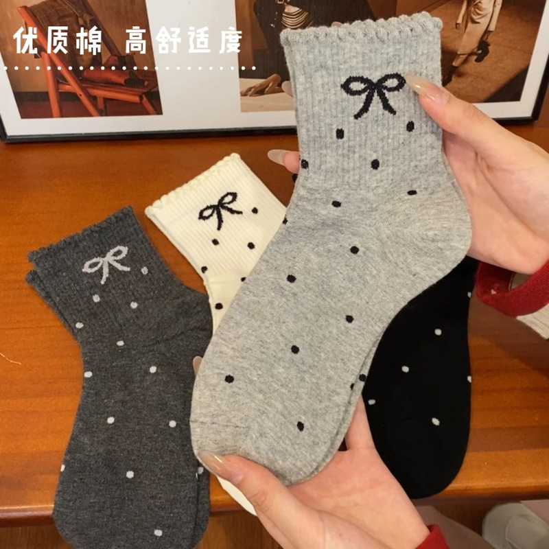 波点花边蝴蝶结女袜甜美少女风柔软耐穿休闲百搭INS潮流日系中筒|undefined