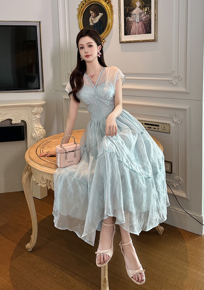 Váy maxi nữ in họa tiết cổ chữ V thắt eo phong cách hoàng gia — Màu xanh cỏ chi tiết 21