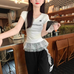 ホワイトレースステッチvネック右肩半袖tシャツレディース夏新作スリムフィットアメリカンホットガールショートトップ