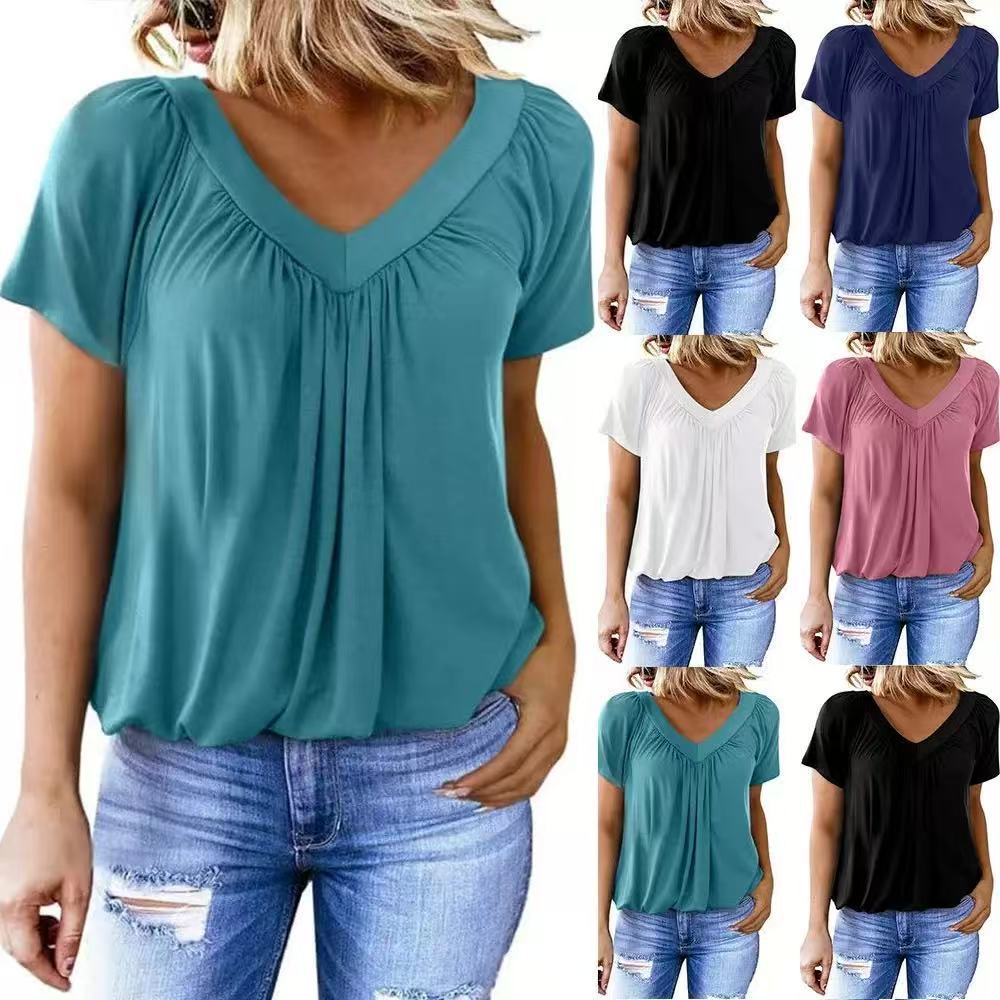Cross-border Foreign Trade European And American Clothing T-shirt, New Casual Pleated Solid Color V-neck_ecoleips.com
