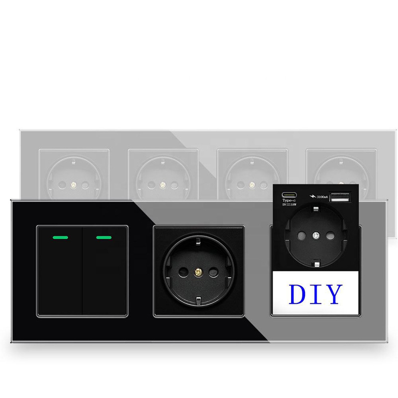 86连体欧标墙壁电源插座玻璃面板 黑色组合欧式开关调光四位插座