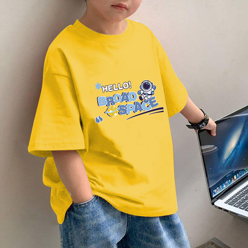 2104# Boys' Summer T-Shirt Short Sleeve Round Neck Loose Astronaut Print Summer Outfit Medium and Large Size Top