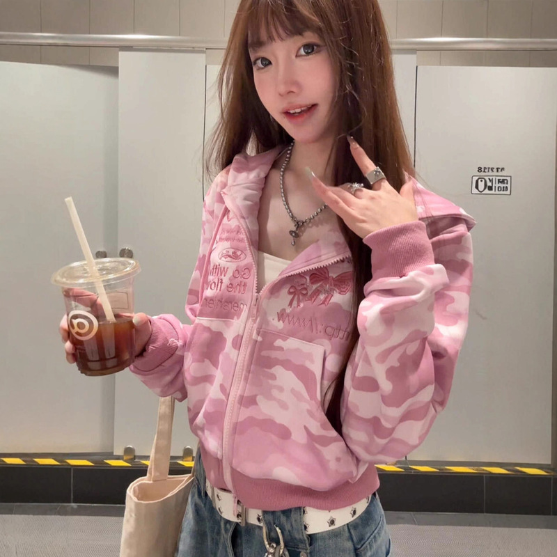 Beautiful Pink Camouflage Hooded Sweatshirt for Women Spring & Fall 2025 New American Retro Loose Casual Short Jacket