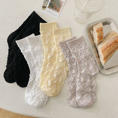 Cream Retro Crochet Embroidered Korean Mid-Calf Socks Ins Trendy Socks Japanese Solid Pile Socks Mid-Calf Socks Women Versatile