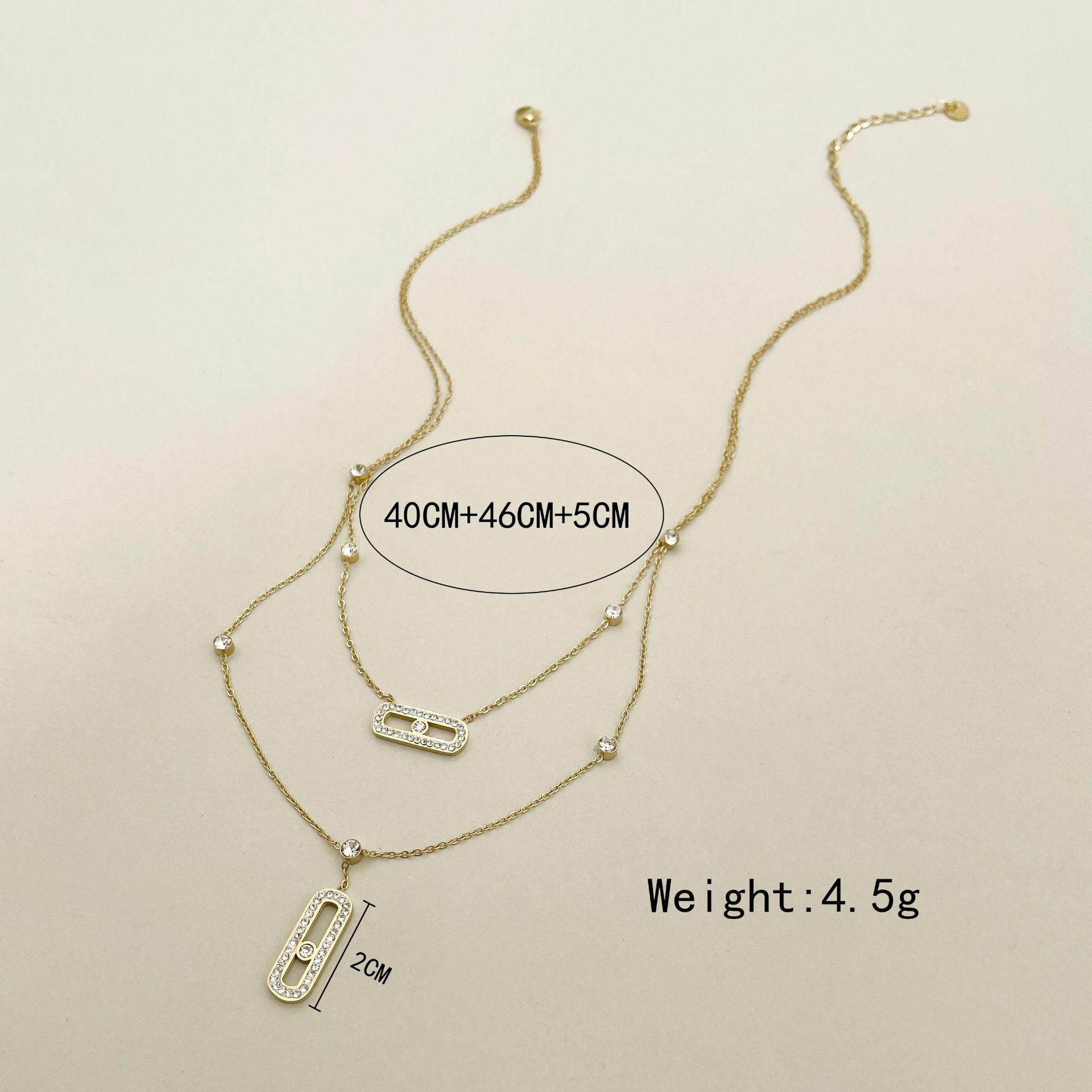 Fashion Paper Clip Stainless Steel Plating Zircon Layered Necklaces