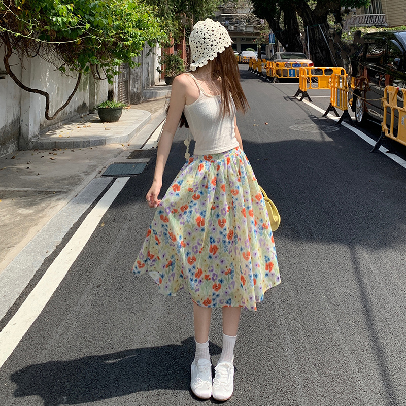Childish Orange # Summer New High-Waisted Floral Skirt for Women to Cover the Flesh and Look Slim, Casual and Versatile A-Line Pleated Mid-Length Skirt
