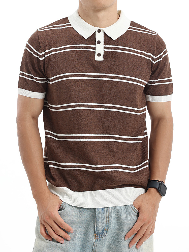 Verano para hombres con collar de contraste a rayas de hielo polo transpirable mangas cortas de negocios casual alta sensación de ropa de hombre image 3