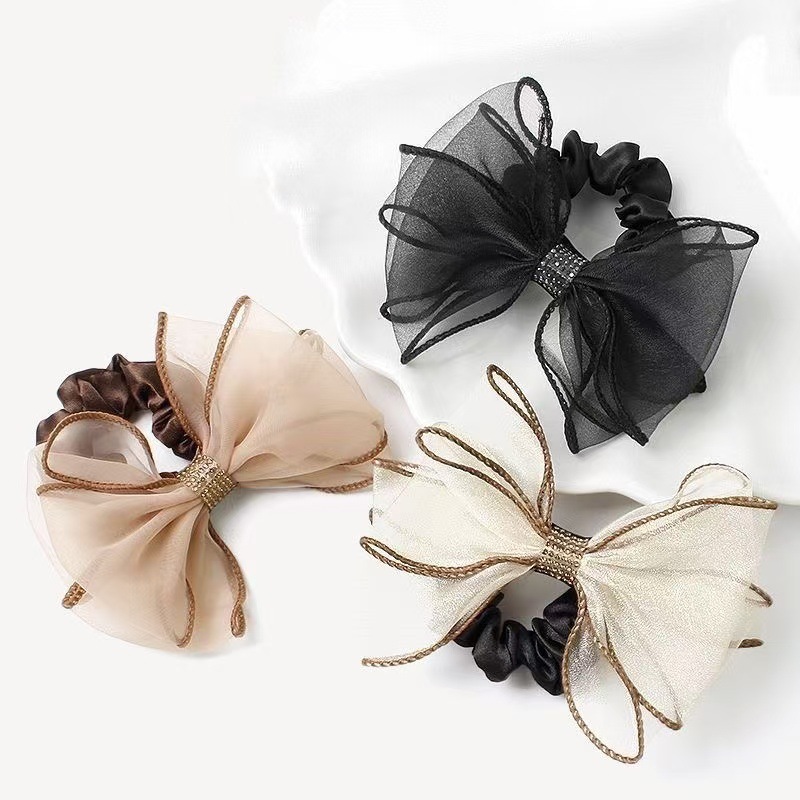 歐根紗蝴蝶結大腸發圈2024年新款潮水鑽頭繩網紅氣質扎頭皮筋發繩