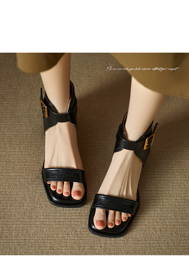 Sandal nữ cao cổ mũi vuông da thật khóa thắt lưng gót thô 9 cm — Màu nâu, Màu đen chi tiết 13