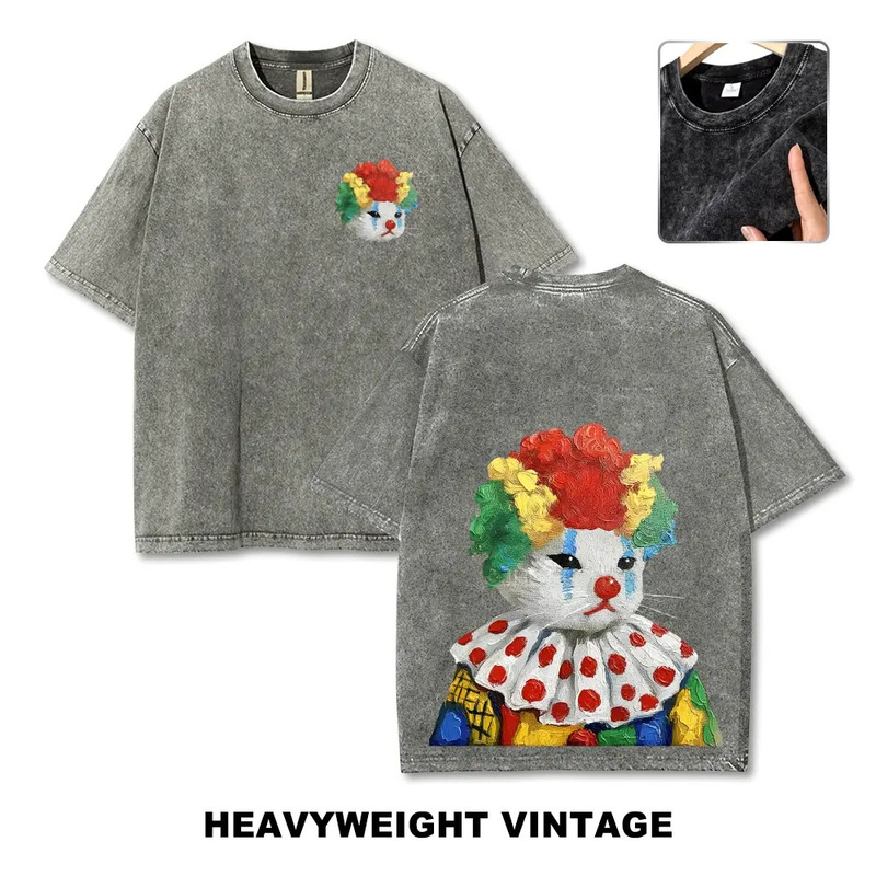 230g Pure Cotton Vintage Men's T-Shirt with 90S Retro Oil Painting Style Clown Cat Print, Street Fashion 230g Pure Cotton Vintage Men's T-Shirt with 90S Retro Oil Painting Style Clown Cat Print, Street Fashion