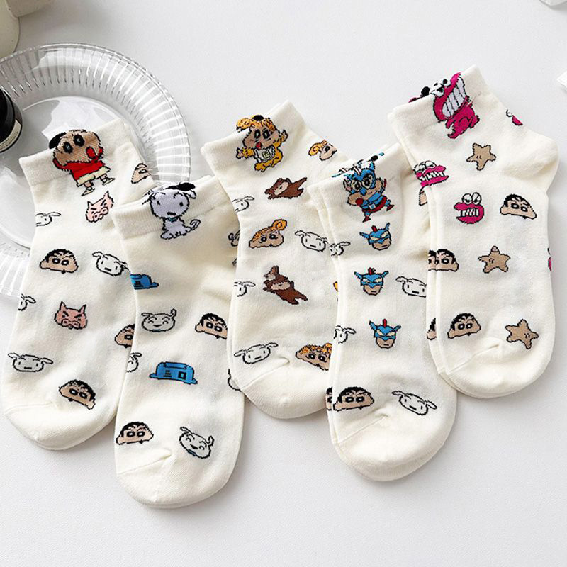 Socks Women's Mid-tube Socks Crayon Shin-new Japanese Style Three-dimensional Cartoon Socks Short-tube Academic Style Sweet Girls White Socks