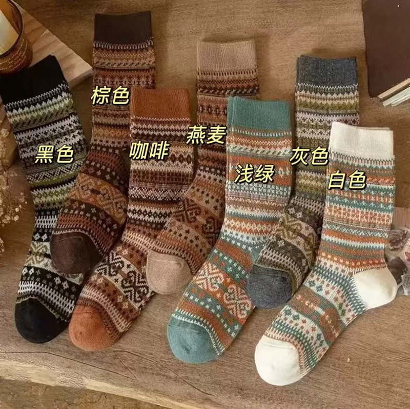 复古民族风中筒袜女士双针高弹百搭堆堆袜春秋款美拉德色外穿潮袜|undefined