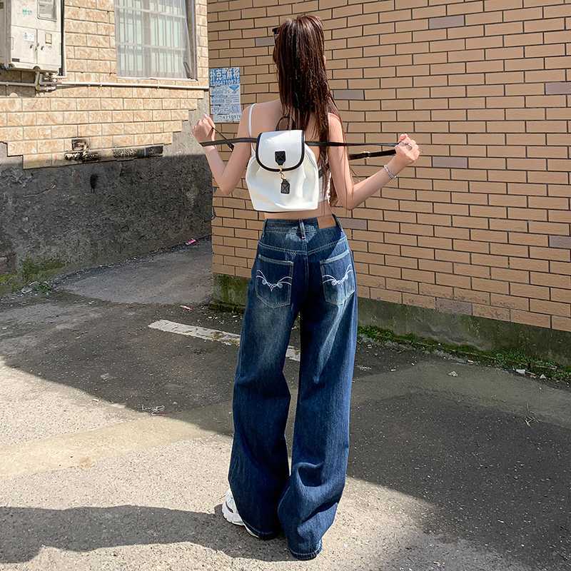 Wholesale Dropshipping Retro Blue Embroidered Straight Jeans for Women High Waist Spring Floor-Length Loose Wide Leg Pants Wholesale Dropshipping Retro Blue Embroidered Straight Jeans for Women High Waist Spring Floor-Length Loose Wide Leg Pants