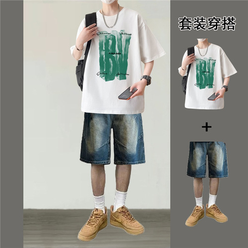 American streetwear T-shirt men's summer set for teenagers, cool and fashionable short-sleeved shorts summer complete set of clothes