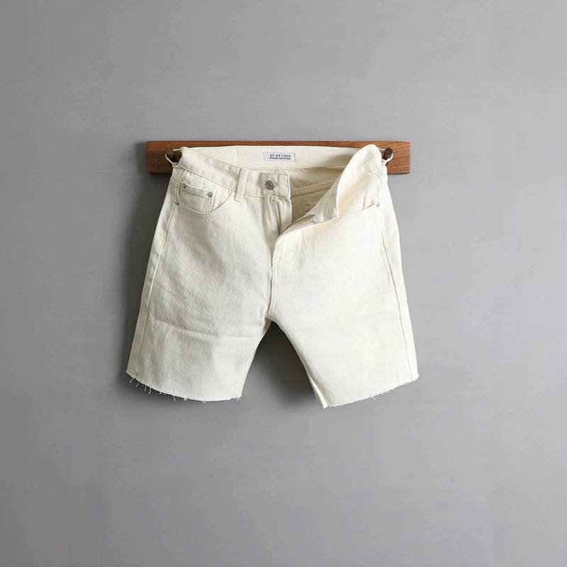 2026 Summer New Trendy Men's Plain Casual Mid-Length Jeans with Raw Hem, Off-White Slim-Fit Denim Shorts 2026 Summer New Trendy Men's Plain Casual Mid-Length Jeans with Raw Hem, Off-White Slim-Fit Denim Shorts