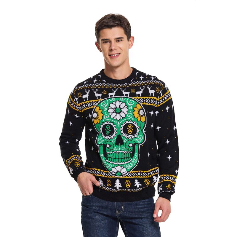 Amazon Cross-Border Holiday Christmas Sweater Unisex Silver Striped Big Pom-Pom Round Neck Ugly Knit Sweater