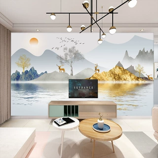8d新中式金色麋鹿电视背景墙壁纸客厅山水画沙发墙布酒店装饰墙纸