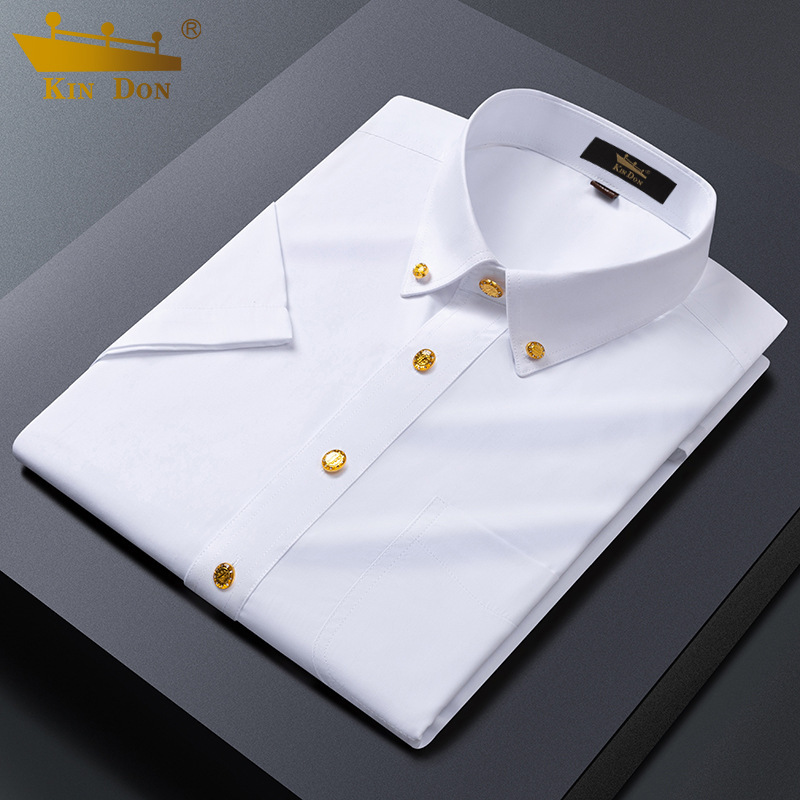 Gold Shield men's non-ironing shirt short-sleeved summer white shirt business casual trendy slim-fit Ice Silk copper buckle shirt