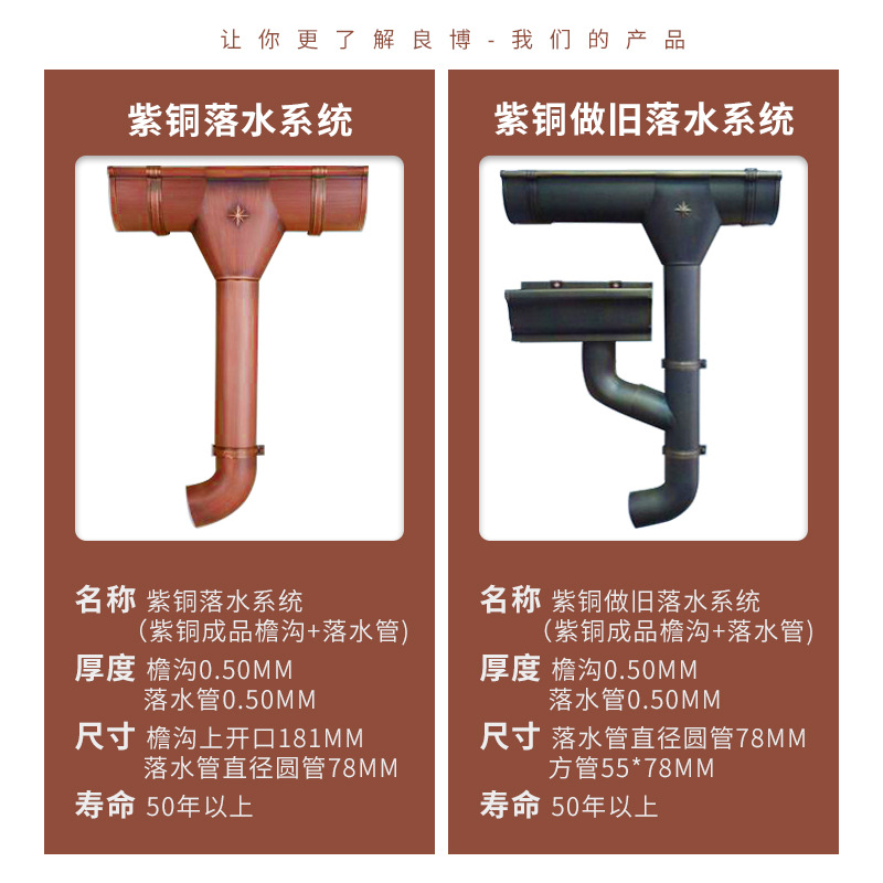 紫铜成品檐槽加工做旧直供天沟方形雨水管 金属管材屋面落水